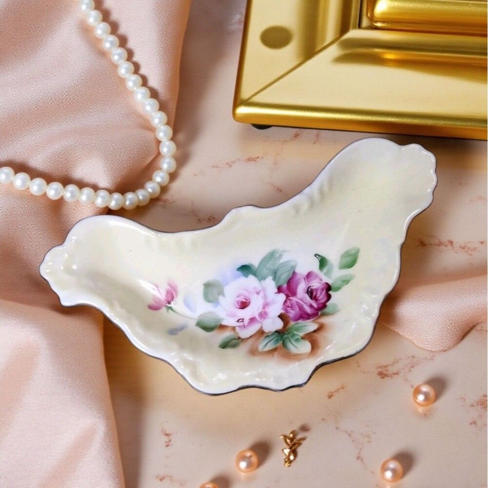 Andrea by Sadek Yellow Floral Bone Dish Gold Trim 6035X Vintage Vanity Decor